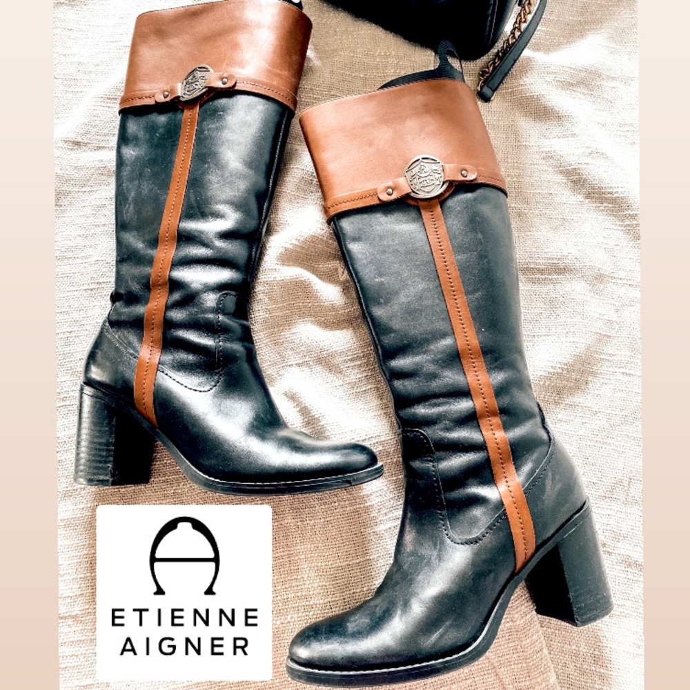SIZE 10 ETIENNE AIGNER BLK/CAMEL LEATHER BOOTS EUC